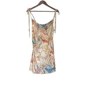 Pretty Garbage Women Marble‎ Swirl Cowl Neck Tie Shoulder Mini Dress Small